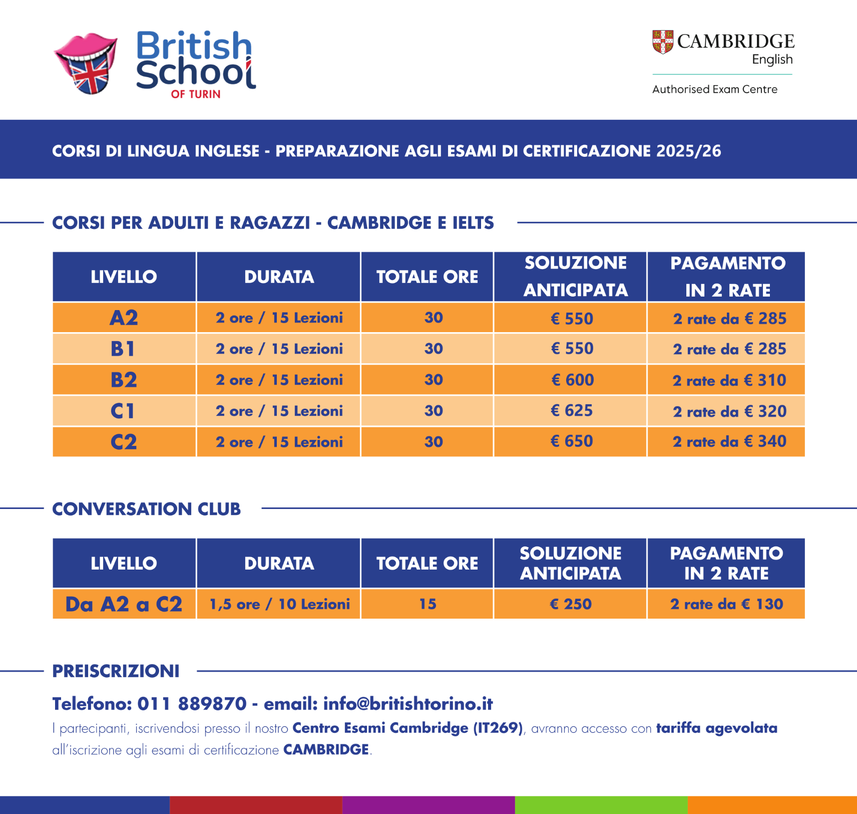 listino cambridge 2026 corsi